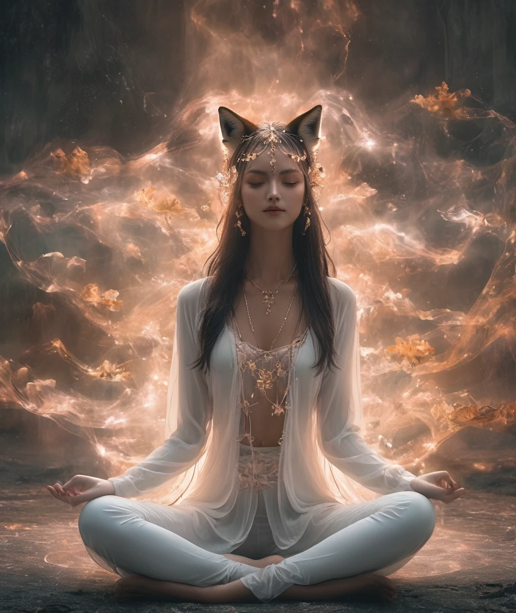 Lotus pose girl full body photography,Anatomically correct,Raw, Filming, (Be focused:1.5), (Reality:1.4), Dusk lighting, Volumetric Lighting, Ultra-high resolution, 16K,Dramatic Lighting, White background:1.5)(tangled,Mandala,dispute,Entanglement:0.7)Fox Demon,Fox Mask,short jacket, Foxfire Curse, fox family, Transformation, Depth of Field, Dreamy atmosphere, The most beautiful chaos, grace, Brutalist Design Dark Theme, Flower of Death, Flowers of ecstasy,Glowing Line,Glow Example,Tracking Example,flash, Backlight,translucent,Light Particles,HILL,exit