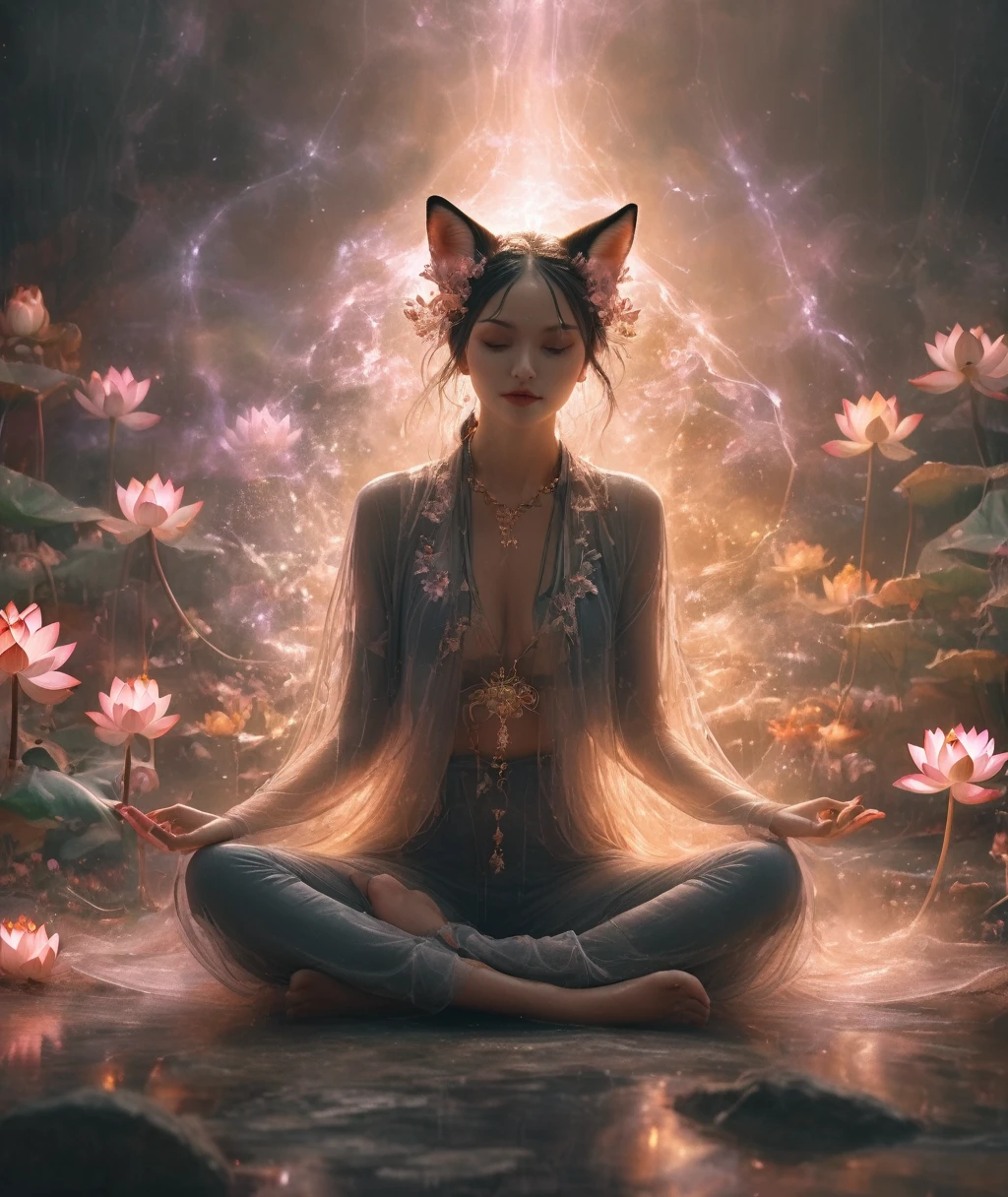 Lotus pose girl full body photography,Anatomically correct,Raw, Filming, (Be focused:1.5), (Reality:1.4), Dusk lighting, Volumetric Lighting, Ultra-high resolution, 16K,Dramatic Lighting, White background:1.5)(tangled,Mandala,dispute,Entanglement:0.7)Fox Demon,Fox Mask,short jacket, Foxfire Curse, fox family, Transformation, Depth of Field, Dreamy atmosphere, The most beautiful chaos, grace, Brutalist Design Dark Theme, Flower of Death, Flowers of ecstasy,Glowing Line,Glow Example,Tracking Example,flash, Backlight,translucent,Light Particles,HILL,exit