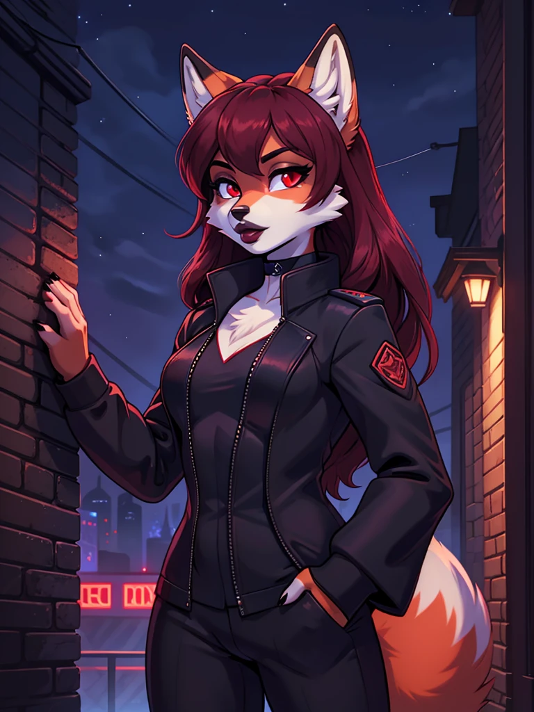 Best quality, furry girl red fox with red eyes, with black long hair, with black spout, with burgundy lipstick, big lips, in a classic black jacket, with a black choker around his neck, in a spy costume, portrait, shoulder-high, against the background of the night Soviet city