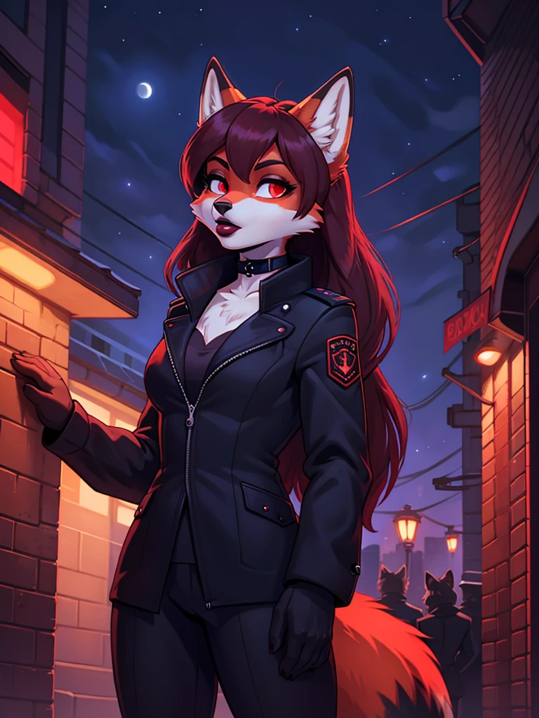 Best quality, furry girl red fox with red eyes, with black long hair, with black spout, with burgundy lipstick, big lips, in a classic black jacket, with a black choker around his neck, in a spy costume, portrait, shoulder-high, against the background of the night Soviet city