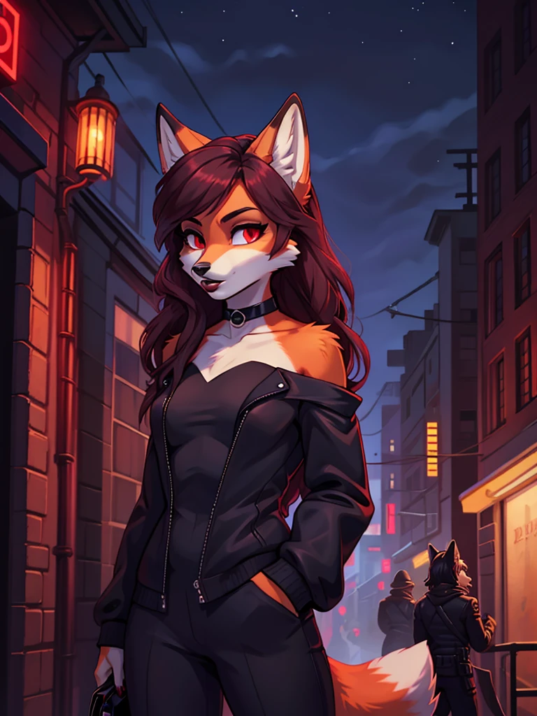 Best quality, furry girl red fox with red eyes, with black long hair, with black spout, with burgundy lipstick, big lips, in a classic black jacket, with a black choker around his neck, in a spy costume, portrait, shoulder-high, against the background of the night Soviet city