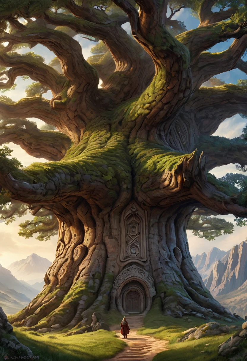 Anthropomorphic oak tree.  Official Art – Charecter profile. An Award-Winning Digital Masterpiece In 4K Ultra HD, Extreme Detail And Intricate Realism. Symmetrical Face. This Concept Art Brought To Life By The Hands Of Artists Like Wlop & Artgerm In A Stunning 2D Vector Illustration.Background Is A Panoramic Vista.
