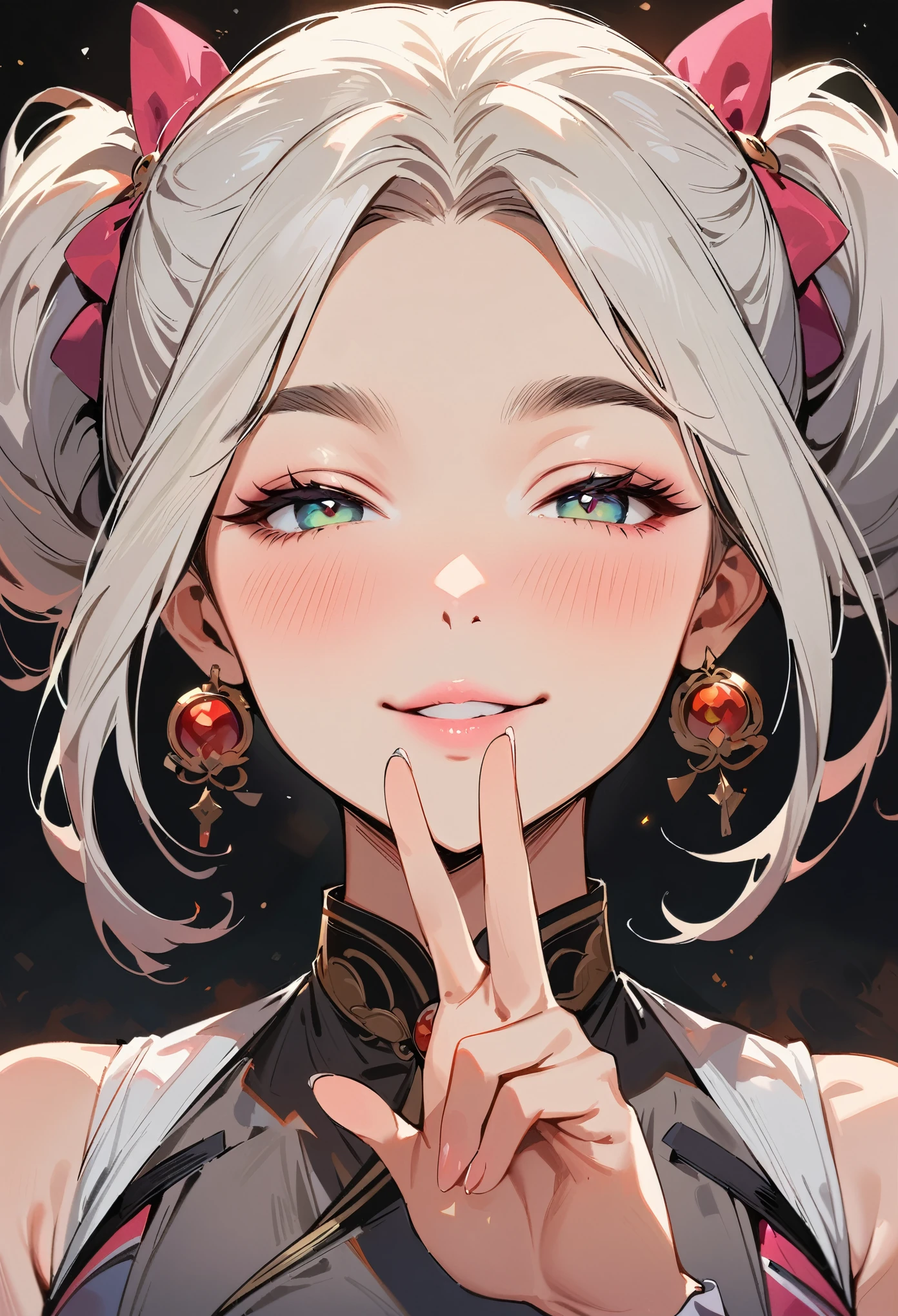 (masterpiece, best quality:1.4), 1 girl, 独奏, Colored pupils, Blurred eyes, Close your left eye, Smile, Look up and down, Pink lower lip, peace gesture, Green double ponytail hairstyle,  Royal sister, large breasts, Pure grey vest, Vision, black background.