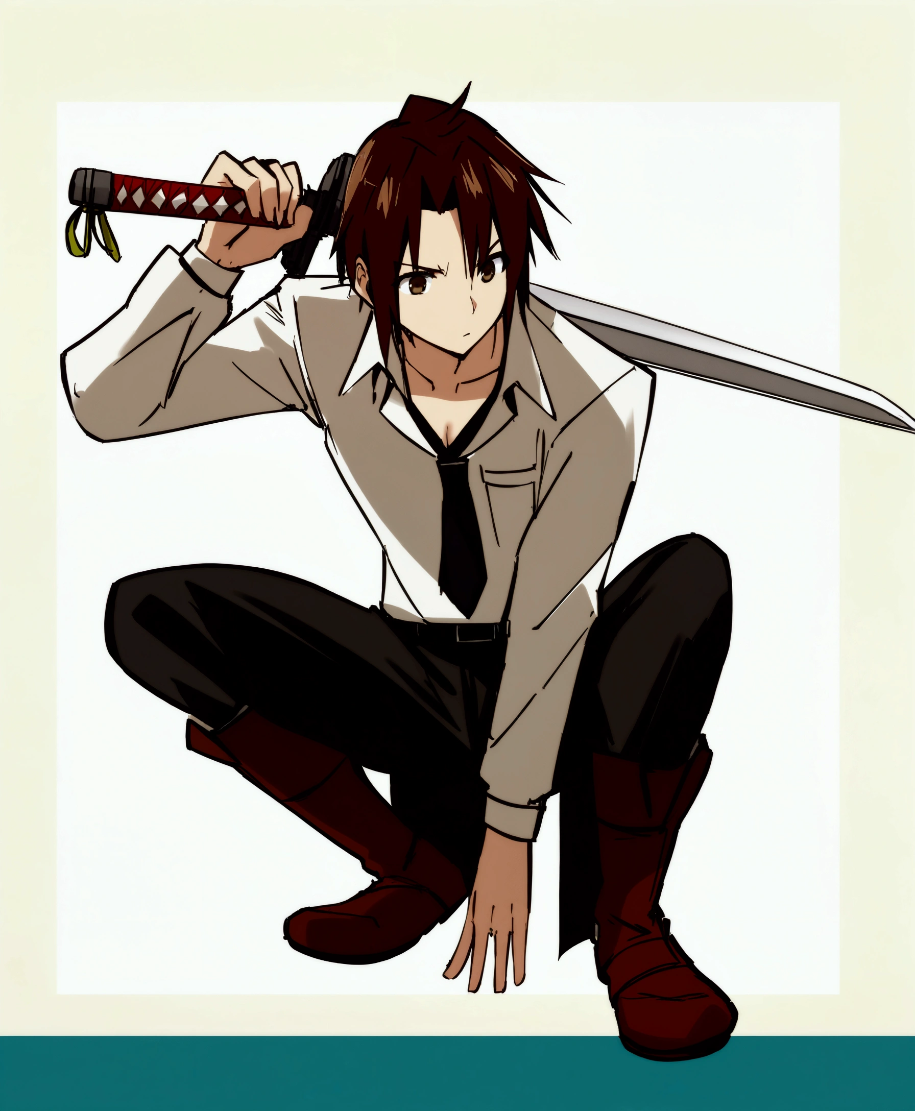 fine details. girls frontline universe, girls frontline style, girls frontline cg, yayoi kasuma,  kantai collection style, by Akihiko Yoshida, yayoi kasuma, male protagonist 👀 :8, (brown hair:1.3), anime character with a sword kneeling down in front of a green and white background, inspired by Okumura Masanobu, okata kazuto, with large sword, manga style of kentaro miura, akiyuki shinbou, inspired by Okumura Togyu, shuushuu anime image, tsutomu nihei style