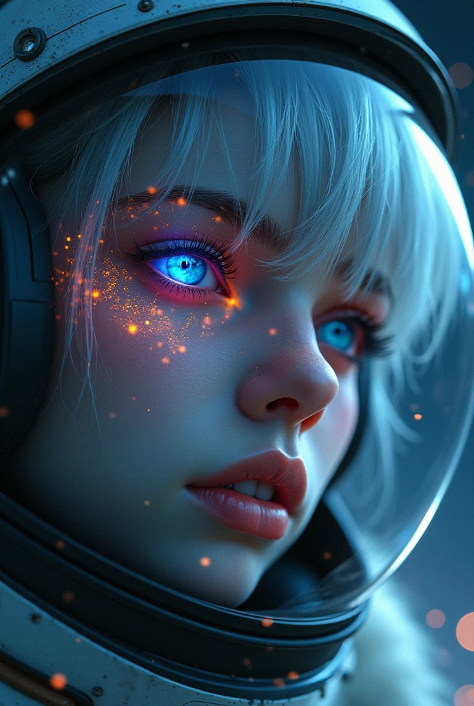 (Close-up of a better masterpiece:1.5)0.9], (Space and astronauts:1.2) (Messy silver hair:1.1) (Heterochromia xanthochromia and blue eyes:1.2) (Space Helmet:1.0) (Colored stars in the eyes:1.0) (A radiant glow:1.1) (thick lips:0.9)