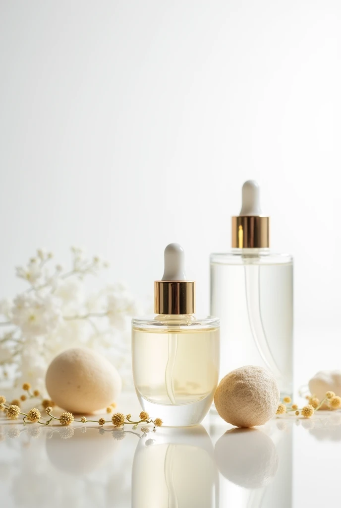 Unlabeled beauty products, white background, clear, posh, chic, Serum, glass, doradas 