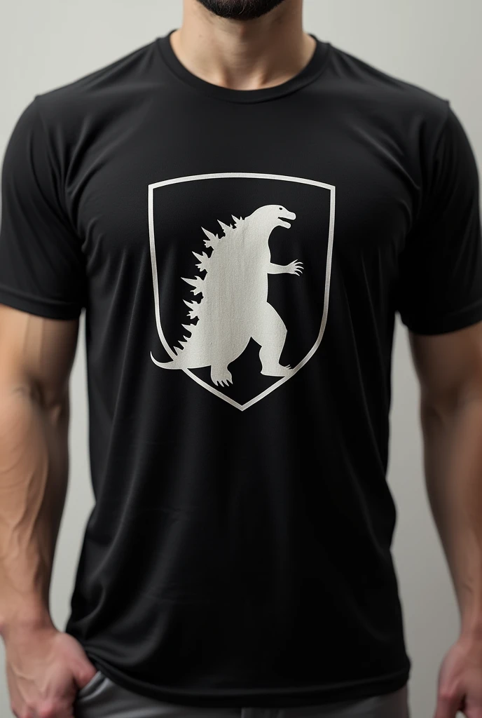 Make a team shirt,black,with simple details,implement Godzilla as a shield on the shirt,but do something simple 