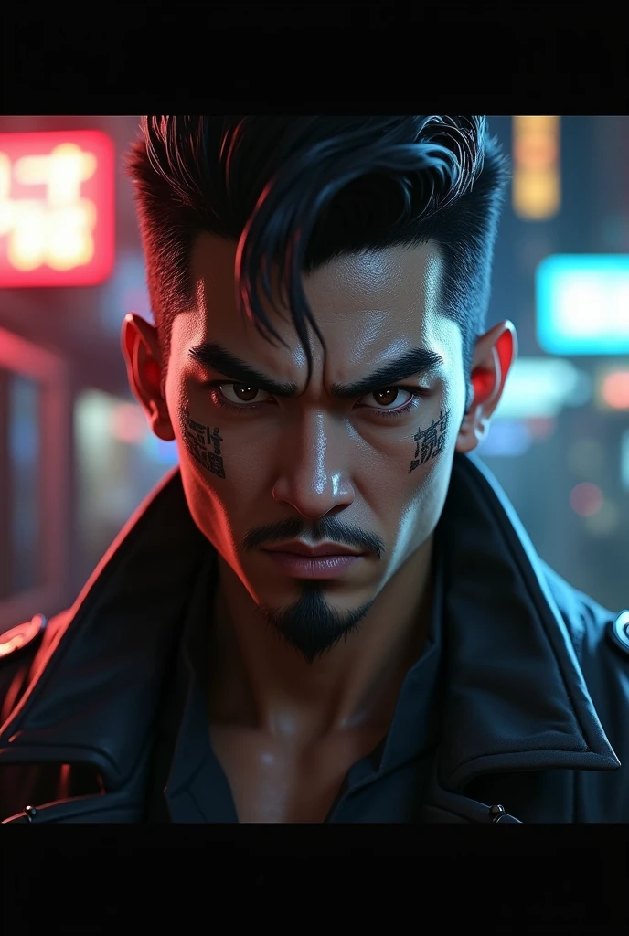 Make a face taken from a game with a Chinese race, fierce, desire, has a gangster background with a male gender