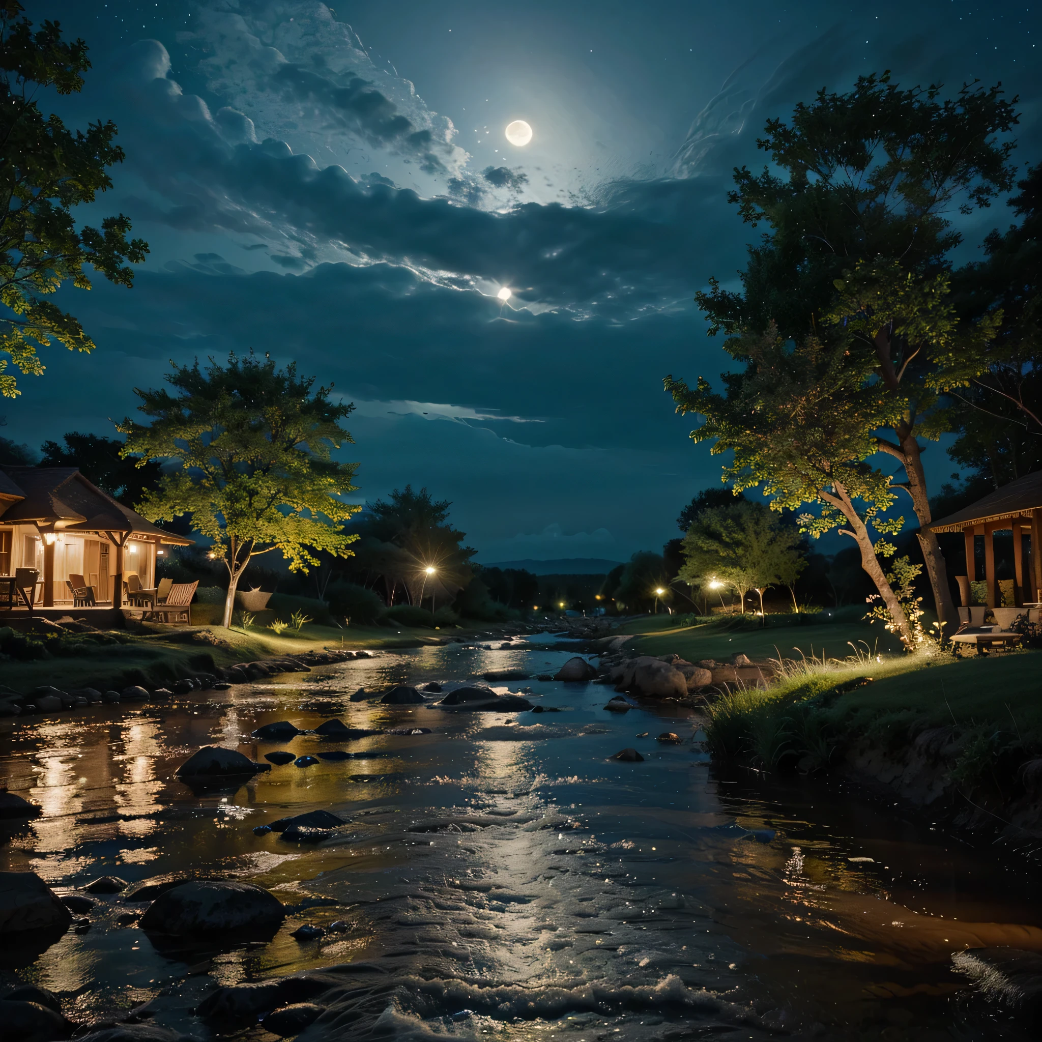 Naturally, the night sky is snowy with a small stream of water and a bright moon. ￼High resolution, qualityที่ดีที่สุด, details, Masterpiece, quality, 