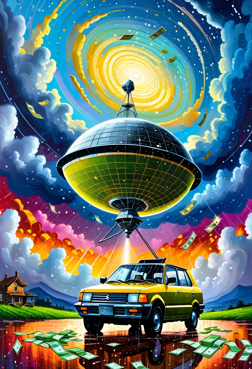 a medium detailed painting of a (Satellite), embodying the essence of (mystery) as the central theme, featuring a (Suzuki) vehicle parked nearby, under a dramatic sky with (money rain) falling, surrealism, vibrant colors, fantasy art, intricate details, dynamic composition, imaginative, dreamlike, mystical, 4k