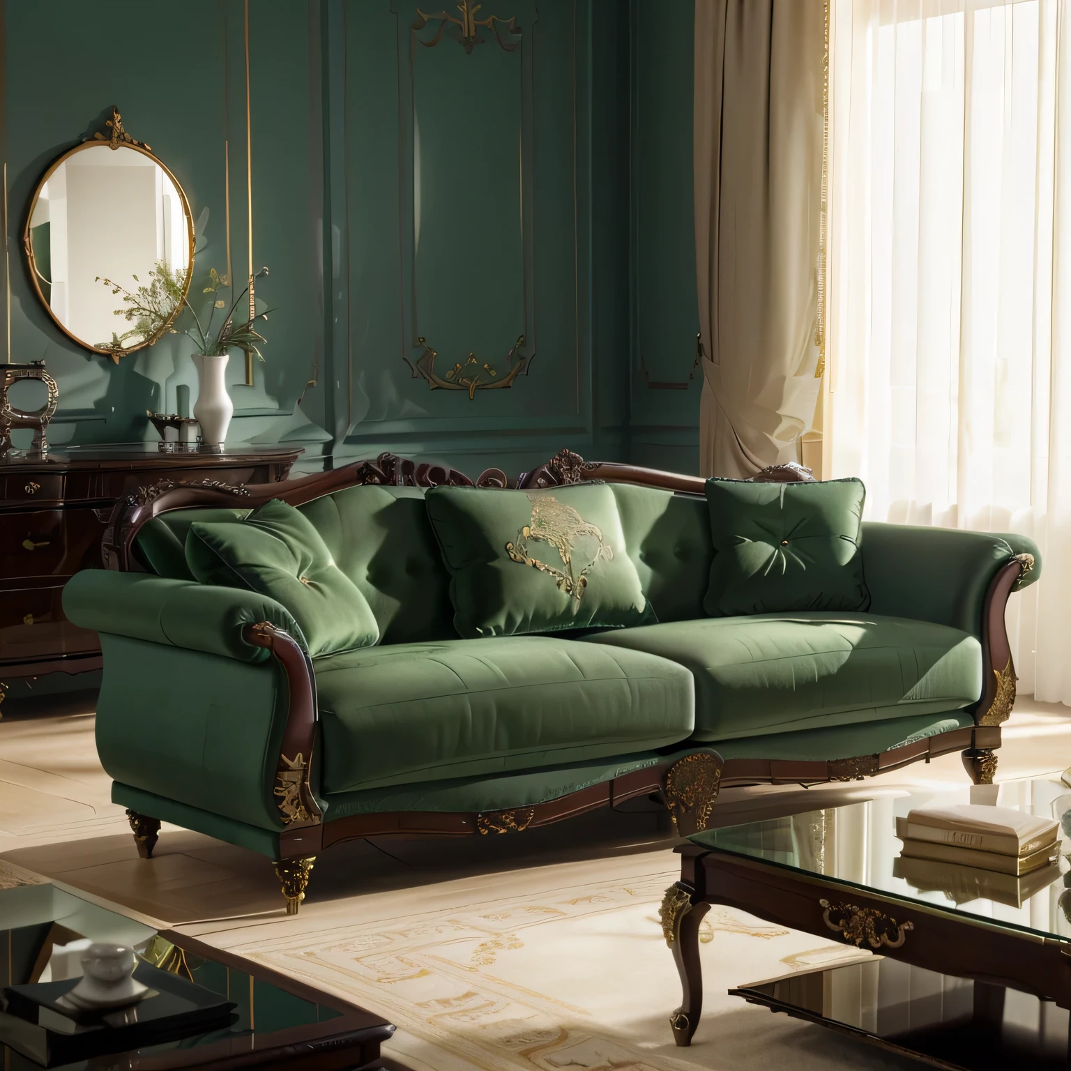 arafed green couch in a living room with a mirror on the wall, elegant furniture, luxury furniture, elegant baroque, classical style, furniture and decor, lounging on expensive sofa, an elegant green, in style of classicism, furniture photography, elegant render, classicism style, in a baroque style, baroque style, 1 8 th century style, lounge furniture, gold-painted walls