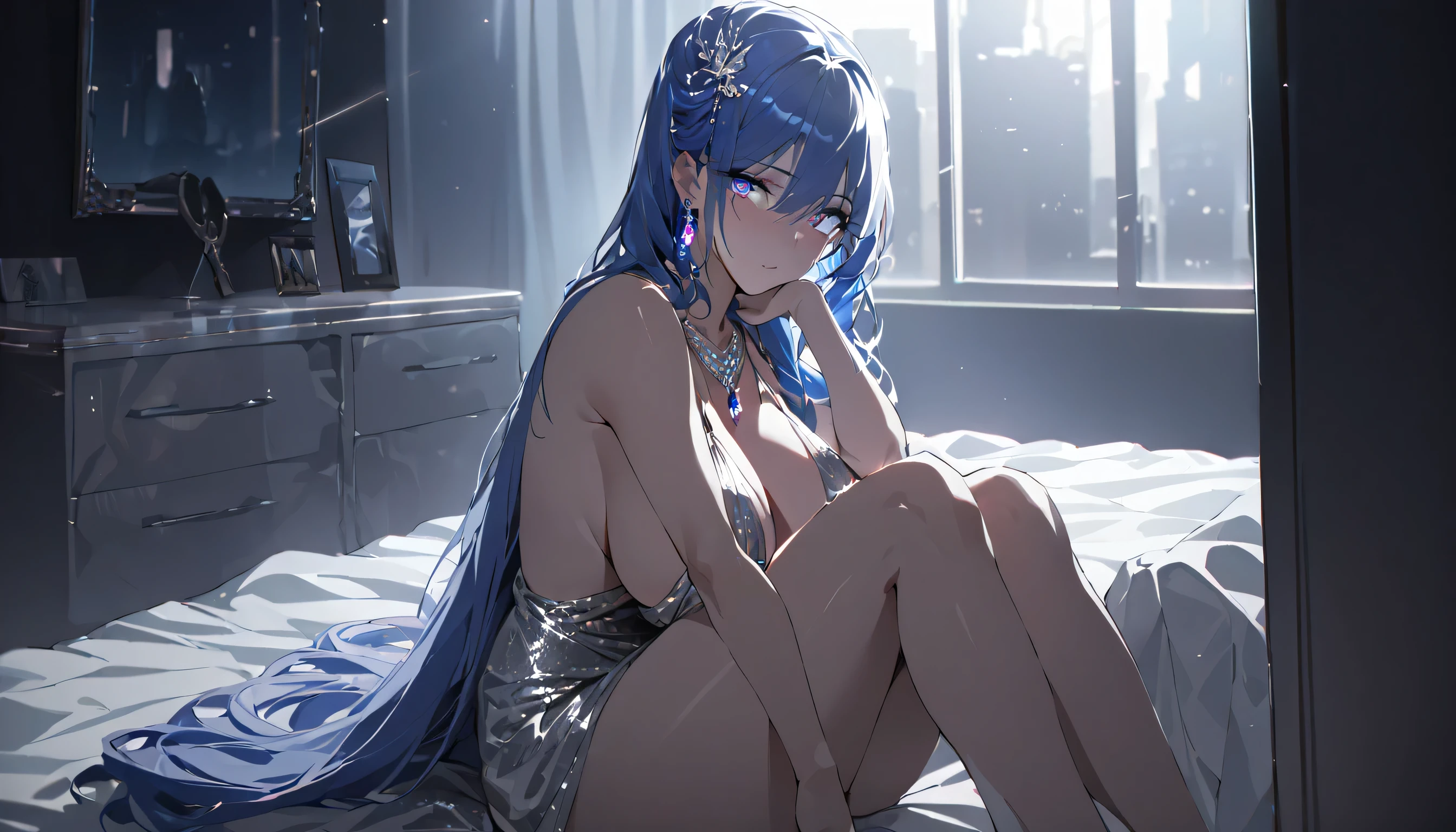 ((masterpiece, best quality)),, st. louis (luxurious wheels) (azur lane), highres, highest quallity, illustration, cinematic light, ultra detailed, ((detailed face)), (detailed eyes), best quality, hyper detailed, masterpiece, (detailed face), large , hair ornament, earrings, necklace, portrait, silver dress, revealing clothes,highest details, beautiful eyes, (hotel:1.2), sitting in bed, sitting, bed, show legs, long beautiful legs, (full body shot), window, night sky, backlighting, light rays, (high contrast), (colorful), anatomically correct