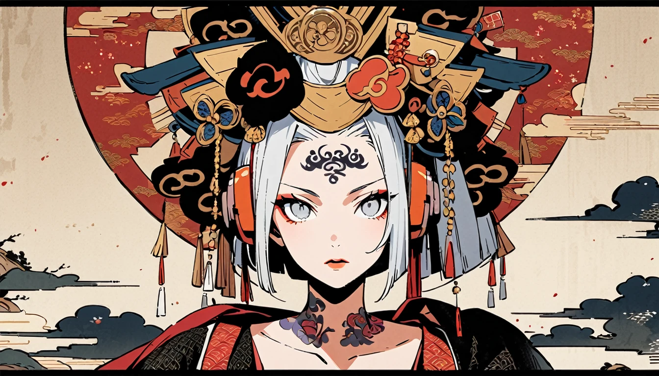 Ink painting, (((1 girl))), (((Tattoo in the middle of the forehead))),(((In the background is the Akatsuki moon))), (((Oiran))), (((Great hair accessories))), Japanese style headphones, Demon possession, (((Silver eyes))),Face up close, Japanese beauty, White hair, Sensitive and precise, Modern Ukiyo-e style