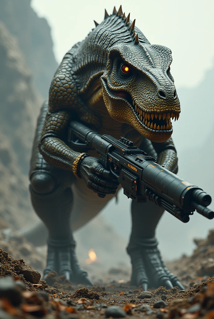 Create a dinosaur with a machine gun 