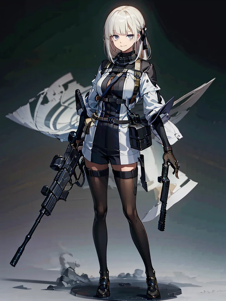 holding_gun, assault_rifle, Very detailed, Anime Style, whole body, alone, Stylish Gunfighter Girl, Holding a steampunk long barrel pistol,Standing in the wasteland, 8K high resolution, White Background, In the spotlight, The background is a dark and desolate landscape, Horror movie atmosphere. Her figure is very beautiful, Emphasizing the dark and crazy elements. Skillfully expressing the effects of light and shadow,  Artistic elements add depth to the work. The overall atmosphere is creepy and nightmarish....., With a unique artistic touch. This movie is、The dark and crazy world of horror movies depicted in HD., Evoke visual stimuli and aesthetic sense