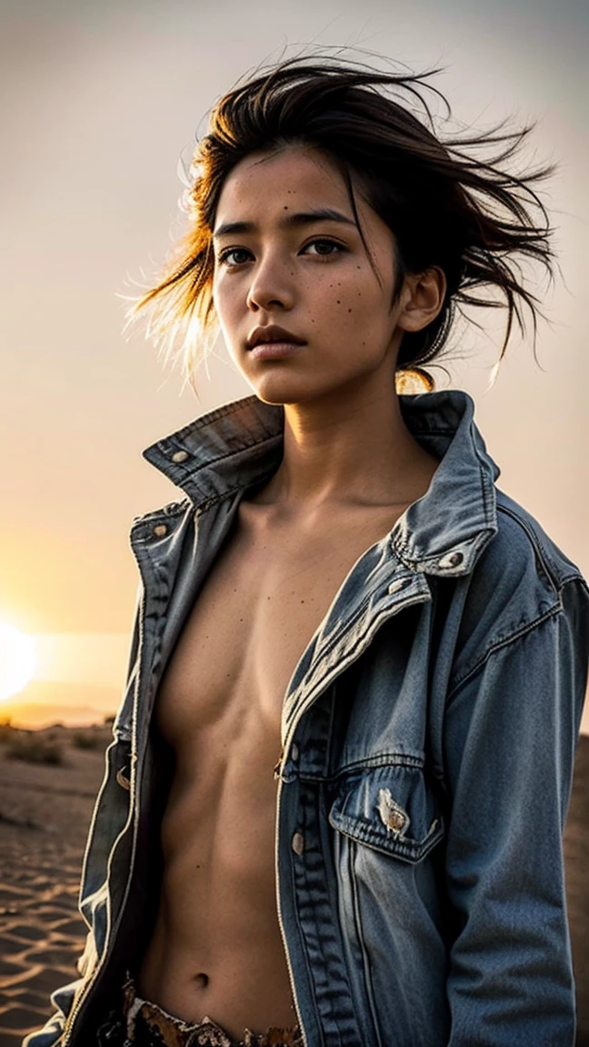masterpiece, Transition to a desert landscape at sunset, a lonely figure, A beautiful 13-year-old American ager emerges wearing beautiful post-apocalyptic nomadic clothes., White skin, by rubio, gray blue eyes, Freckles in the face, slim body for running, small breasts, Very detailed face, ultra realistic face, very beautiful face, clean but tired face, post-apocalyptic clothing. Layers of tattered fabric, unconventional accessories, and a worn appearance create an aura of survival and resistance., 16k, ultra high resolution.photorealistic, HD, raw, DSLR