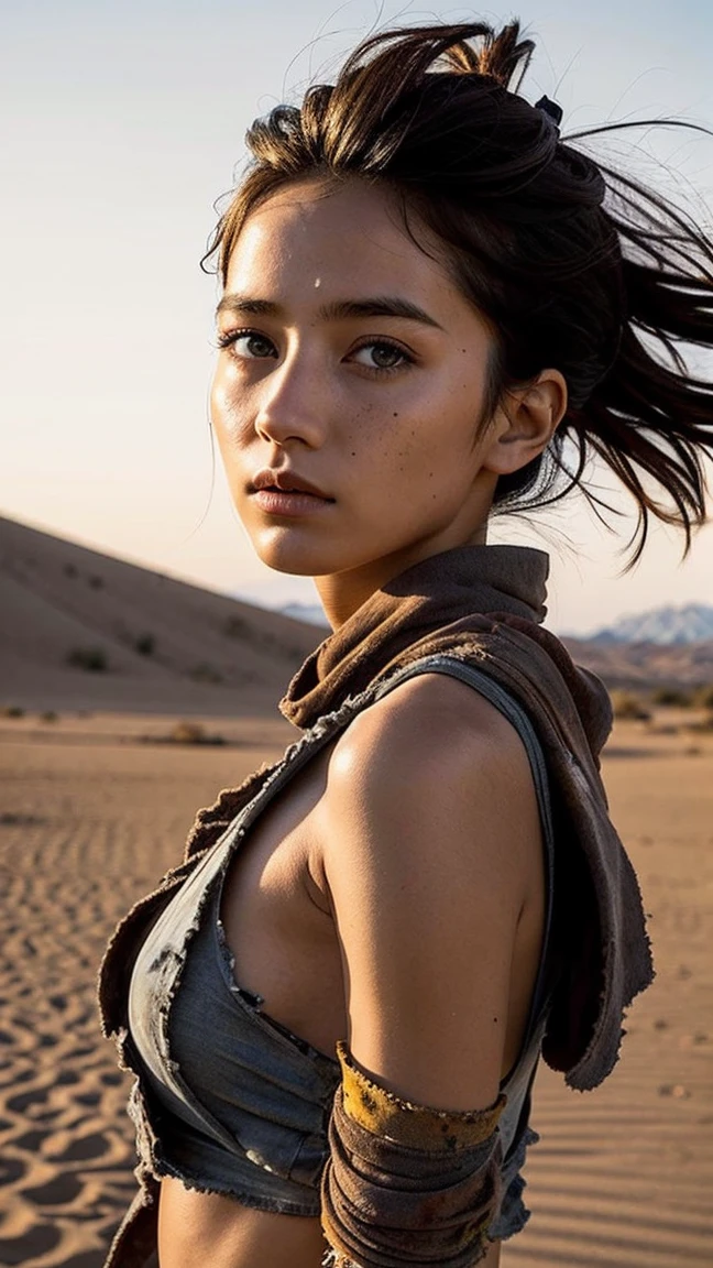 masterpiece, Transition to a desert landscape at sunset, a lonely figure, A beautiful 13-year-old American teenager emerges wearing beautiful post-apocalyptic nomadic clothes., White skin, by rubio, gray blue eyes, Freckles in the face, slim body for running, small breasts, Very detailed face, ultra realistic face, very beautiful face, clean but tired face, post-apocalyptic clothing. Layers of tattered fabric, unconventional accessories, and a worn appearance create an aura of survival and resistance., 16k, ultra high resolution.photorealistic, HD, raw, DSLR