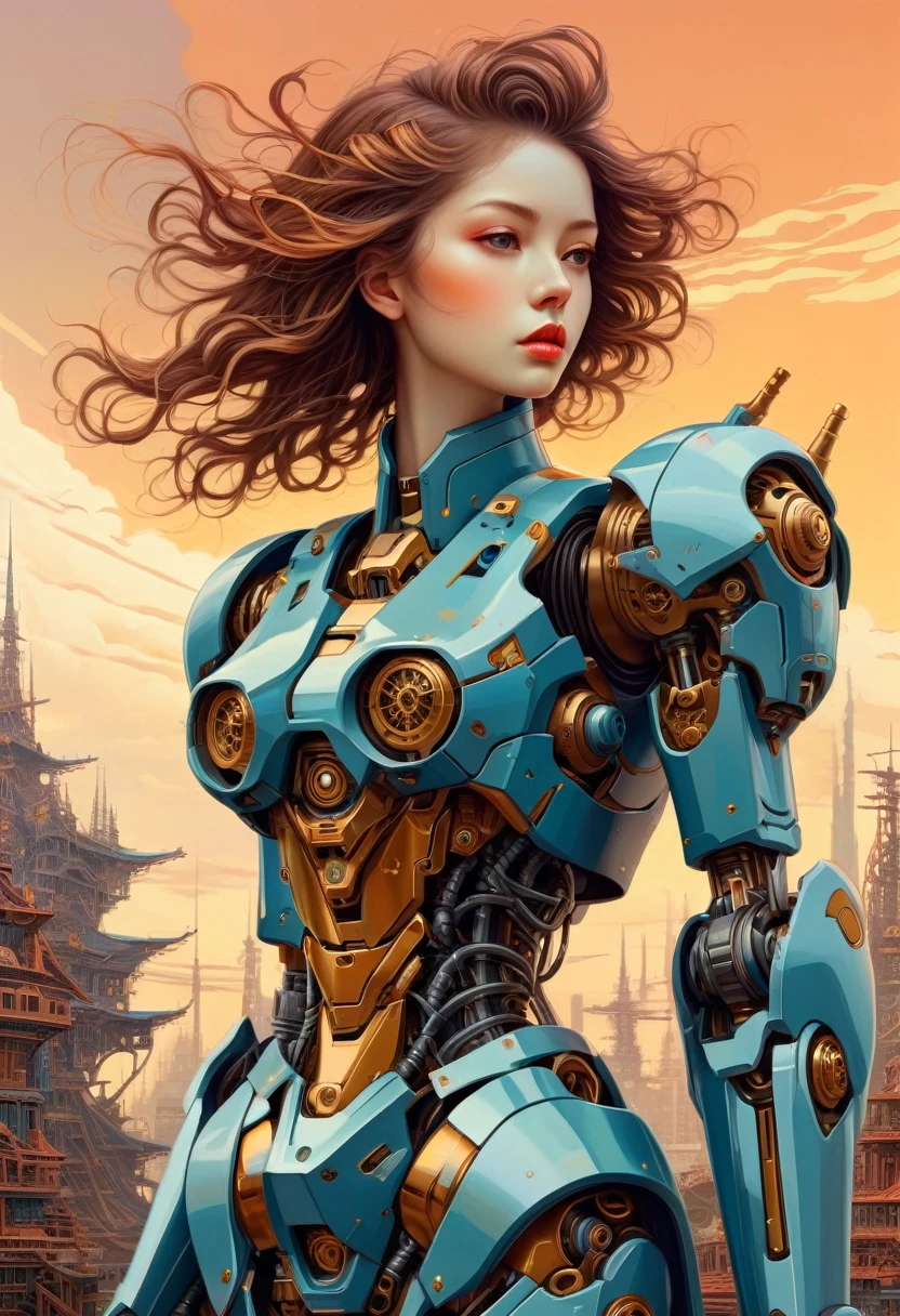 Intricate illustration in surrealist art style,mecha girl,