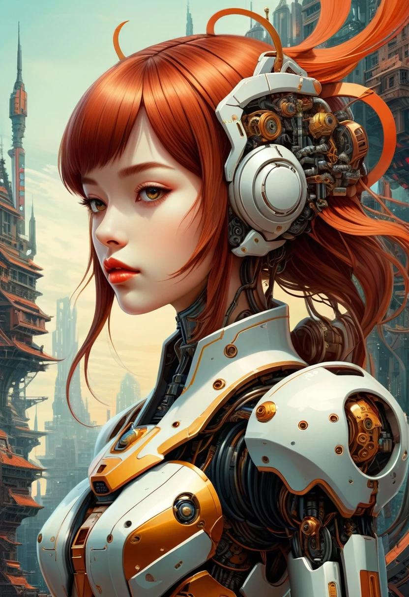 Intricate illustration in surrealist art style，mecha girl，