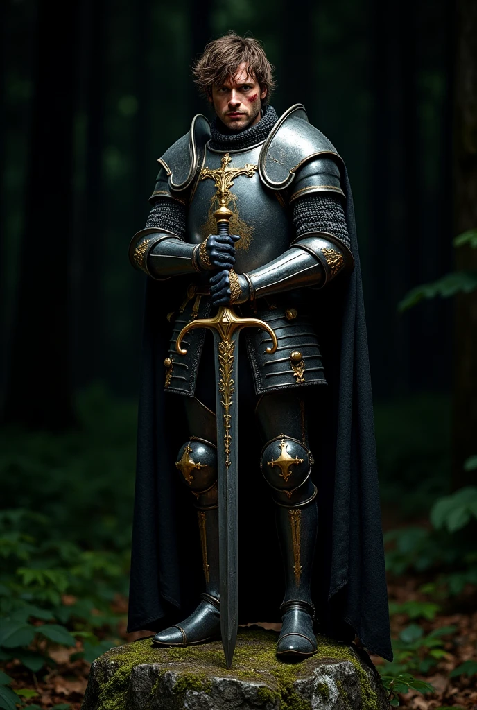 A medieval knight whose armor has his scent and details in gold while the armor itself is black, He is found in a forest standing on a rock holding a visibly demonic sword, his helmet is a mess and his head is visible, slightly long unkempt hair, Brown eyes, a burn on the right side and medium-low beauty