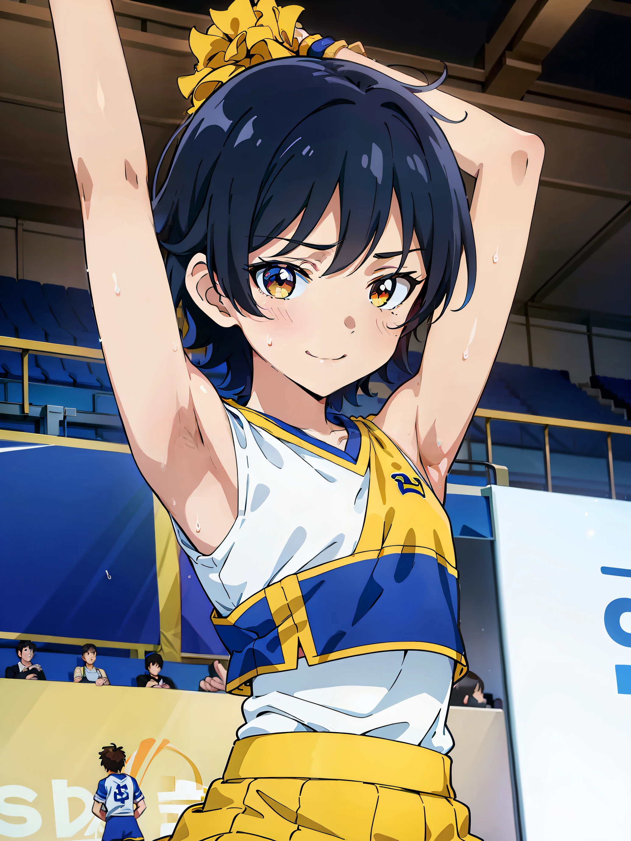 Highres, Masterpiece, Best quality at best,Best Quality,hight quality, hight detailed, Anime style, 1boy, Shota, young boy, Solo person, Wearing dancing, posing for a photo, HaruCheerUniform, Sleeveless, holding pom poms, smile, Flat chest, Upper body, Seen from the front, look at viewer,Simple beckground, (very young boy), (very small and short body), s, (Showing armpit:1.3), hansome boy, Uhd, bokeh, sweat