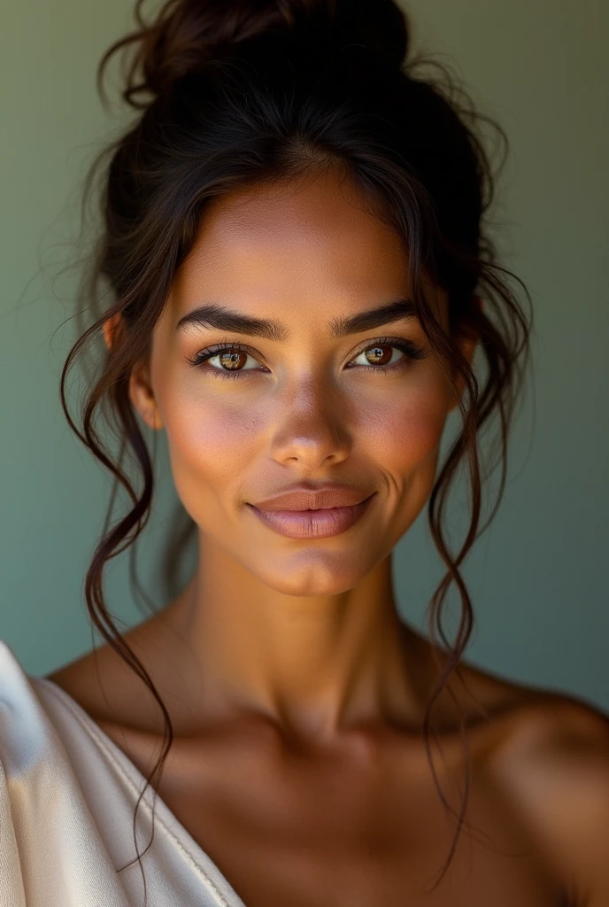 Un portrait photoréaliste d&#39;une jeune femme brésilienne bronzée incroyablement belle et sans maquillage, métis, caucasien, la peau est bronzée, extrêmement détaillé brown eyes, les cheveux sont en chignon élégant, visage réaliste symétrique détaillé, proportions faciales réalistes, extrêmement détaillé natural texture, duvet de pêche, les cheveux brun foncé, chef-d&#39;œuvre, photo primée de Francesco Scavullo, Photographie de stock de films Nikon D850, Appareil photo Kodak Portra 400 F1.6 lentilles, extrêmement détaillé, Incroyable, détail fin, couleurs riches, texture réaliste hyper réaliste, Éclairage dramatique, Moteur irréel, tendance sur artstation, cinestill 800 tungstène, Regarder le spectateur, photo réaliste, photo brute, TanvirTamim, Haute qualité, haute résolution, netteté, extrêmement détaillé, Éclairage cinématographique, 8k euh