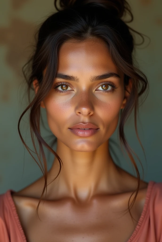 Un portrait photoréaliste d&#39;une jeune femme brésilienne bronzée incroyablement belle et sans maquillage, métis, caucasien, la peau est bronzée, extrêmement détaillé brown eyes, les cheveux sont en chignon élégant, visage réaliste symétrique détaillé, proportions faciales réalistes, extrêmement détaillé natural texture, duvet de pêche, les cheveux brun foncé, chef-d&#39;œuvre, photo primée de Francesco Scavullo, Photographie de stock de films Nikon D850, Appareil photo Kodak Portra 400 F1.6 lentilles, extrêmement détaillé, Incroyable, détail fin, couleurs riches, texture réaliste hyper réaliste, Éclairage dramatique, Moteur irréel, tendance sur artstation, cinestill 800 tungstène, Regarder le spectateur, photo réaliste, photo brute, TanvirTamim, Haute qualité, haute résolution, netteté, extrêmement détaillé, Éclairage cinématographique, 8k euh