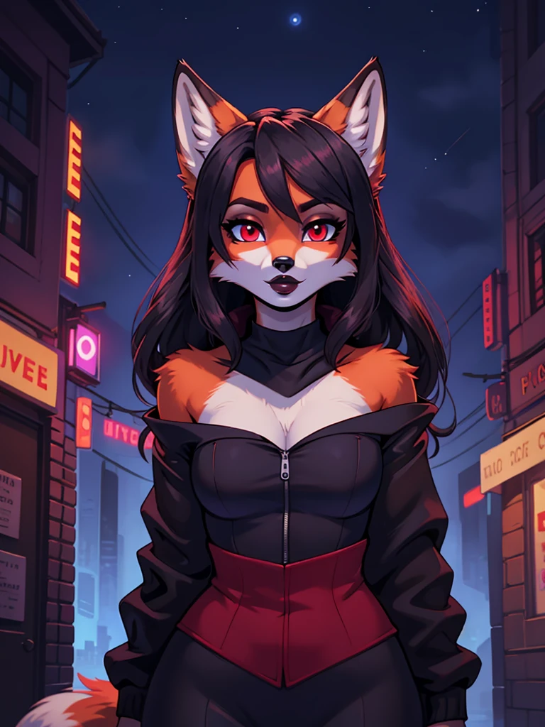 Best quality, furry girl red fox with red eyes, with black long hair, with black spout, with burgundy lipstick, big lips, in a classic black jacket, with a black choker around his neck, with black top, in a spy costume, portrait, shoulder-high, against the background of the night Soviet city