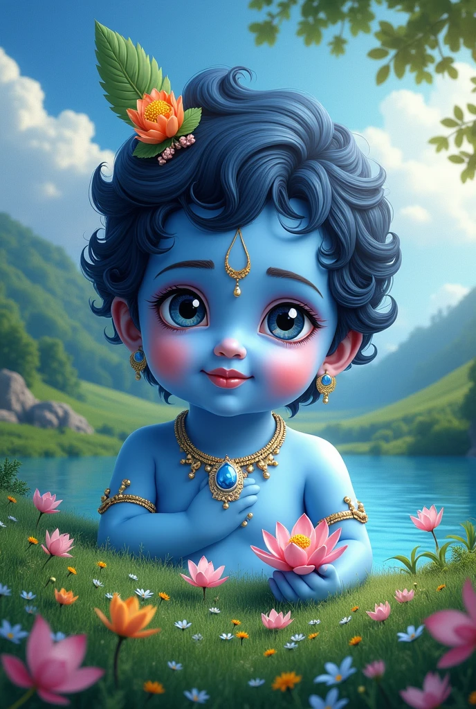 Create a very beutiful cute baby face with lotus eyes of lord Krishna's image along with I want you to create beutiful lord Krishna's with buetifulle picokocks blue sky blue lake and green grass land buetifulle tress .hills and flowers vallu