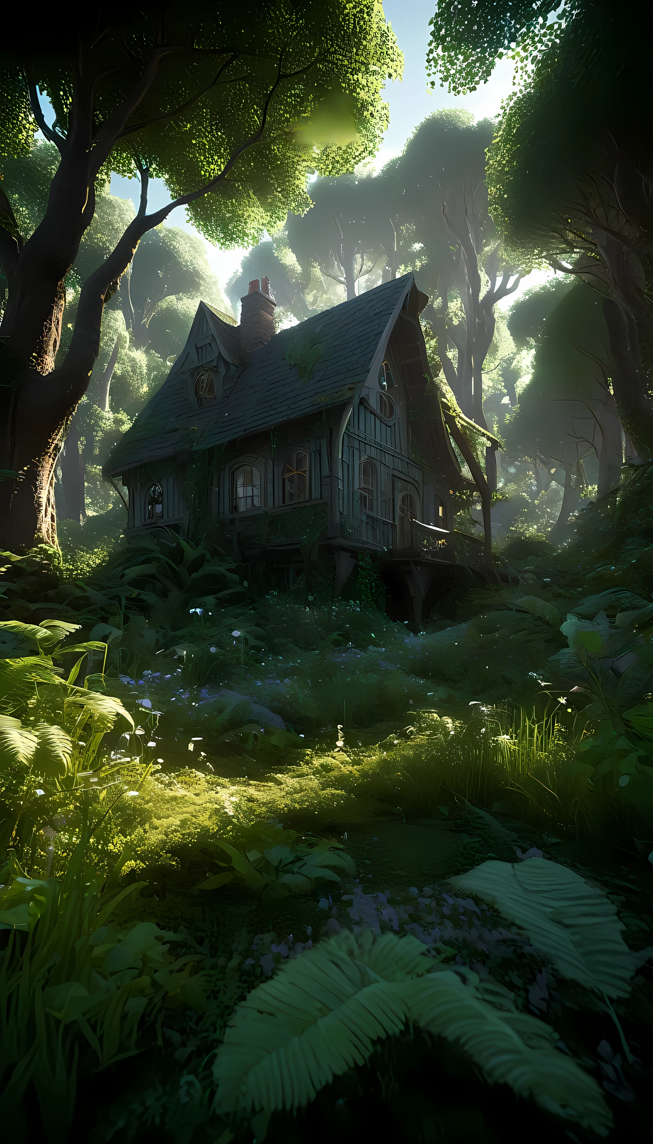 Ultra realistic ultra high resolution ultra high definition ultra high quality intricate details octane renderings cinematic shot a scene in Ethereal Forest , with magical lit plants , Magical animals wandering , magical Unic house , 