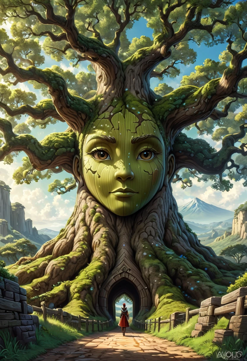 Anthropomorphic oak tree.  Official Art – Charecter profile. An Award-Winning Digital Masterpiece In 4K Ultra HD, Extreme Detail And Intricate Realism. Symmetrical Face. This Concept Art Brought To Life By The Hands Of Artists Like Wlop & Artgerm In A Stunning 2D Vector Illustration.Background Is A Panoramic Vista.
