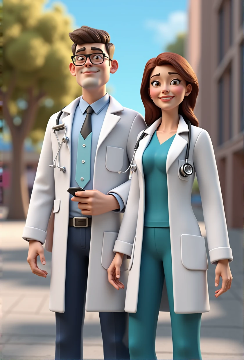 Cartoon Character Couple Of Adult Doctors Wearing Lab Coat And Stethoscope In A College , holding big tv monitor, an animated character, stylized character, animation style rendering, 3d stylized, , 3 d render stylized, adult render keyshot, 3d character, 3d character, 3d rendering stylized, 3 d character render, cartoon character, Personagem de close up, character posing, (Pixar-style) (bokeh) (best qualityer) (skin detailed) (detailed texture) (8k) (Argilla) (Cinematic lighting) (sharp focus,Sit down and lift your upper body