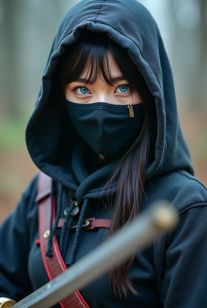 superhero, modern super hero costume, ninja, ninja costume, ninja mask on the face, With a Chinese sword, Jin sword,with a Chinese sword, Beautiful Chinese woman, 20 years old, with blue eyes, Chinese woman with bangs, courageous character, Kind, Brave, determination, on the battlefield, atmospheric perspective, Motion blur, 8k, super detailing, Best quality, uhd, high detail