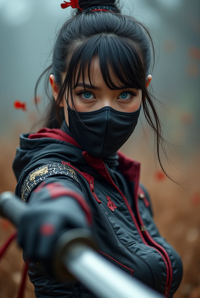 superhero, modern super hero costume, ninja, ninja costume, ninja mask on the face, With a Chinese sword, Jin sword,with a Chinese sword, Beautiful Chinese woman, 20 years old, with blue eyes, Chinese woman with bangs, courageous character, Kind, Brave, determination, on the battlefield, atmospheric perspective, Motion blur, 8k, super detailing, Best quality, uhd, high detail
