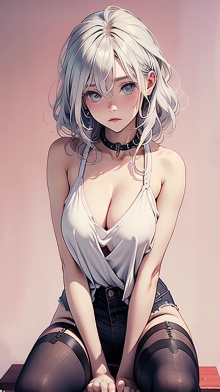 1girl,white hair,large breasts,seductive anime girl,perfect white-haired girl,short white-haired girl,beautiful anime girl,beautiful charming anime woman,blushing face,attractive anime girl,stockings,sitting in a riding pose,barely covered chest,thighs compressed by stockings,(best quality,4k,8k,highres,masterpiece:1.2),ultra-detailed,(realistic,photorealistic,photo-realistic:1.37),anime drawing by Ross Tran,pixiv,art process,top rated on pixiv,clean detailed anime art,black background,moonlight,blue eyes,sexy girl