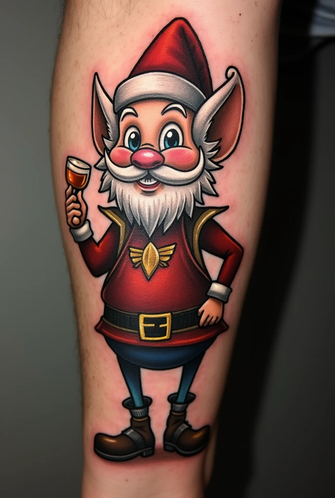 Un tatouage d’une chope de bière avec un lutin qui se baigne dedans 