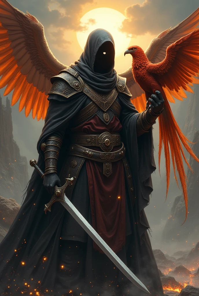 black skinned warrior with sword in hand with phoenix
