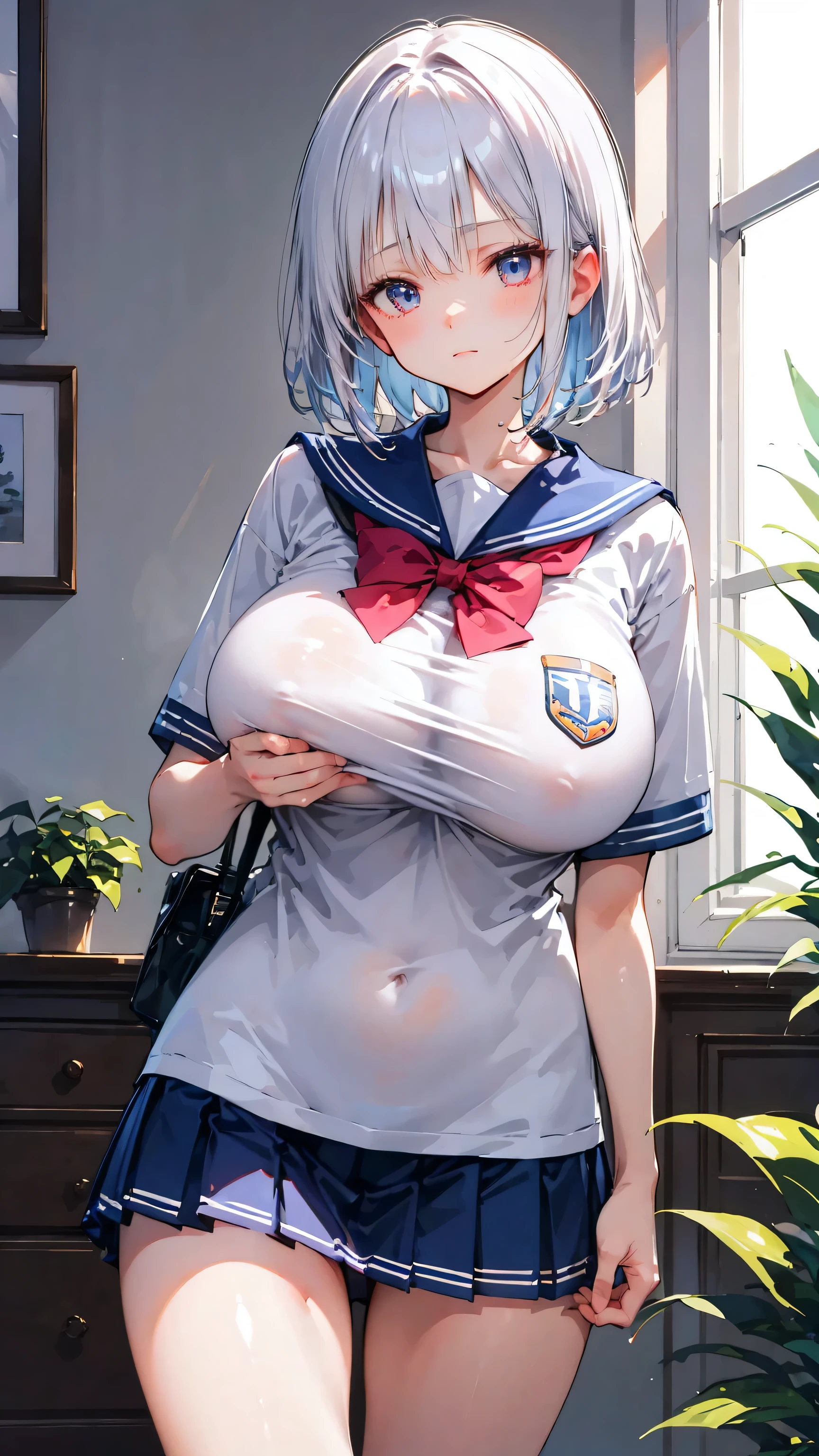 Ultra-high resolution, 8k,high quality,( Girl、glowing、iridescent light,soft shadow,Anime Painting,((school uniform,Miniskirt)),thin line drawing),One Littln,(((slim figure,slender figure))),(((((Huge breasts,Shapely round breasts,pert breasts))))),