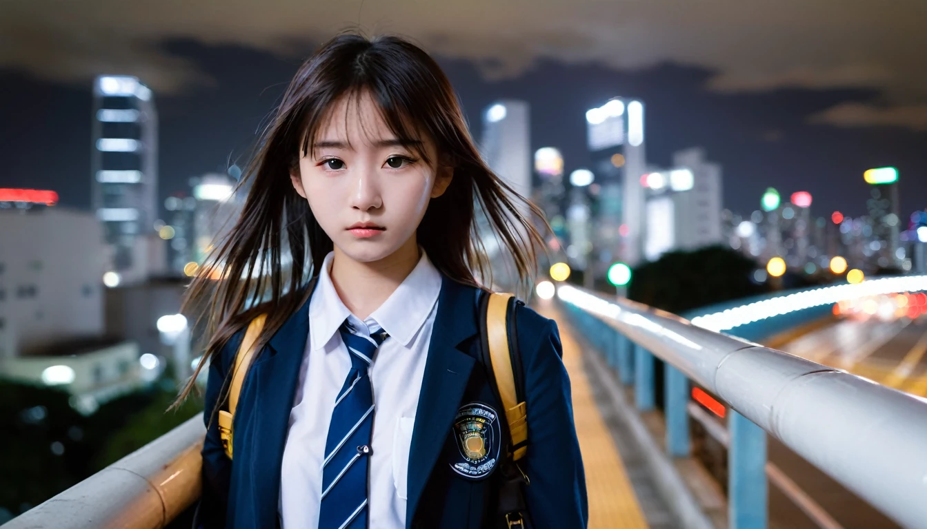 The Japanese teenage girl in a school uniformstands on a pedestrian overpass overlooking the city. She puts her phone away and looks out at the cityscape. The camera circles her as the city lights behind her blur and shift, creating a dizzying effect. Her expression gradually changes from melancholic to a hint of a fierce, determined look.