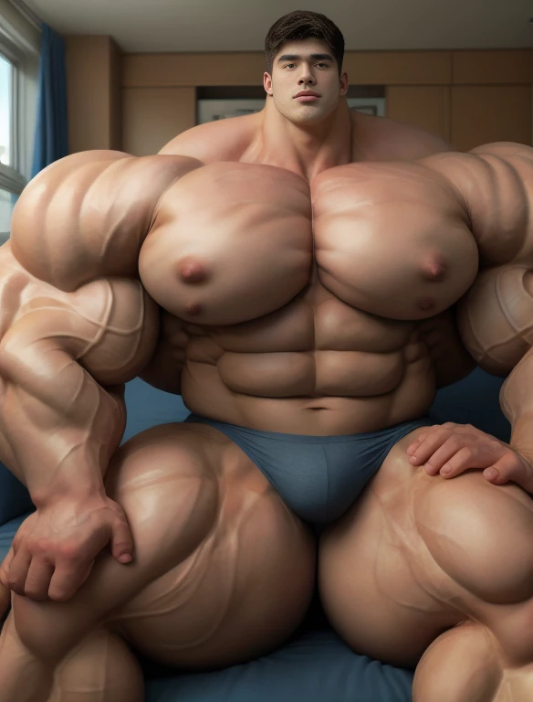 1boy, giant, asian, giant bodybuilder, warm light, strong body, bulk, large size, staring, sitting on couch in the plush dorm room, open legs, nude, navy triangular underwear, prominent bulge, extraordinary big, brutalmass, giant, muscular body, bulk, buff, massive body, large meaty body size, extremely wide body