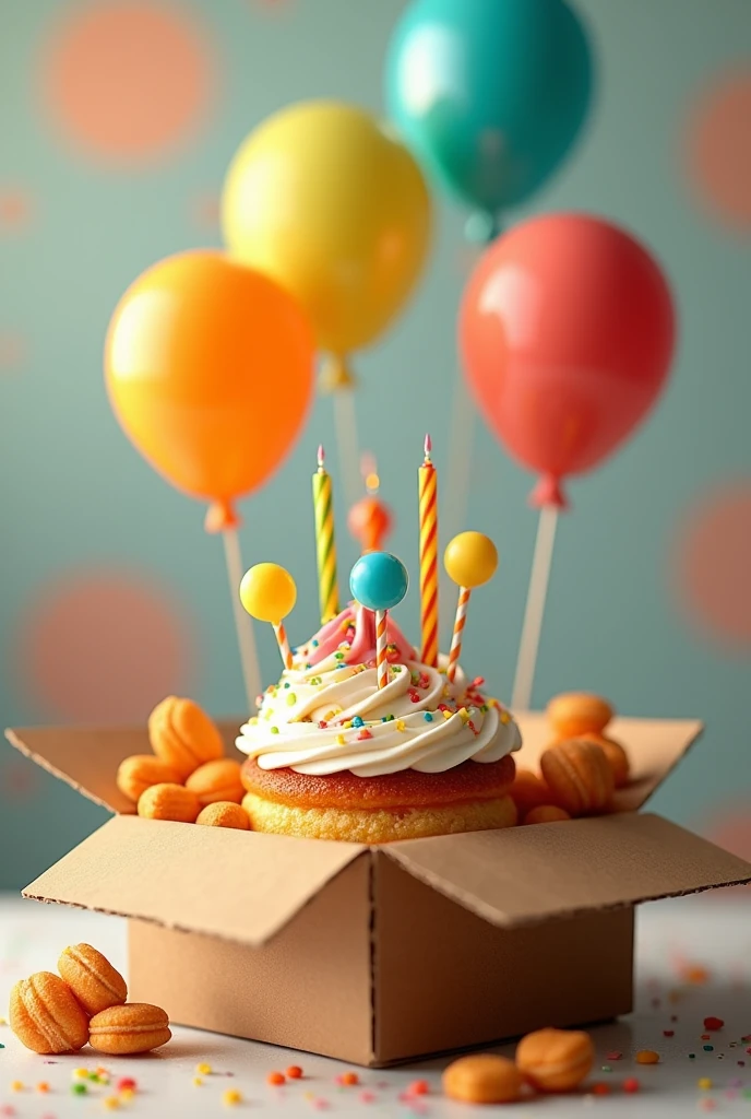 A small birthday cake with COXINHAS SALGDINHOS RISOLES and small balloons ,inside a cardboard box