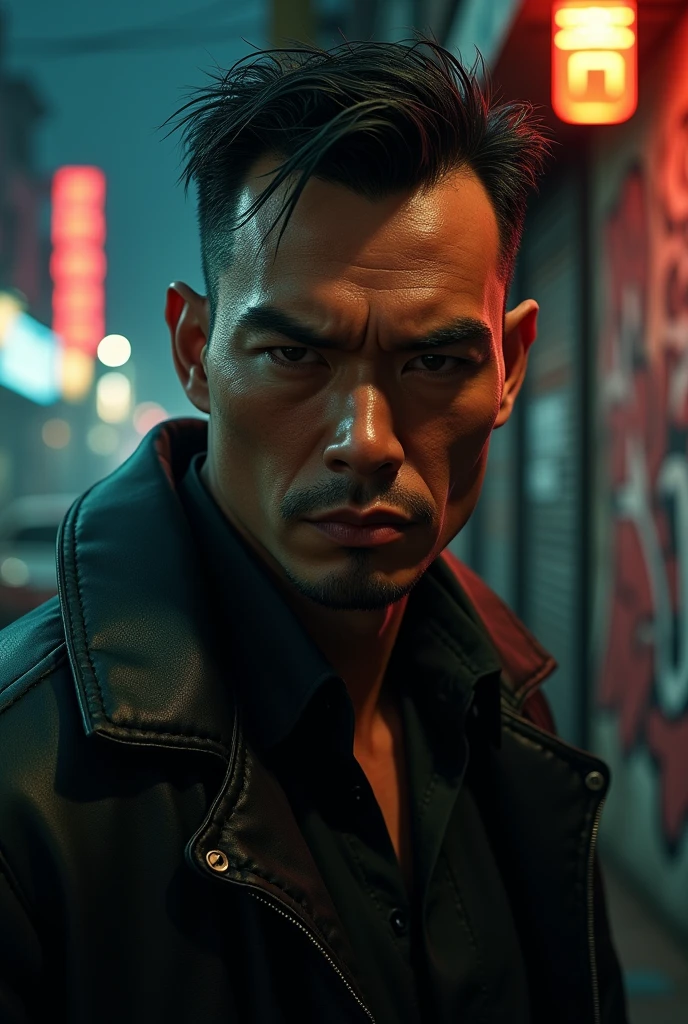 Make a face with the Chinese race, fierce, desire, background of male gangster Facial Description:
ras: Chinese Expression: Looks very serious and scary. Eyes narrow, with a sharp and intense gaze. Eyebrows are thick and slightly arched, add a fierce effect.
Hair: Short and neat, maybe a little messy to add an aggressive feel.
Nose and Mouth: Flat nose with a defined jawline. The mouth is slightly pursed or tightly closed, gives the impression of being firm and unfriendly.
skin: Light brown with a rough texture, gives a hard and experienced impression.
Background:
Style: Background showing the atmosphere of the city at night with graffiti on the walls, dim neon lights, and a dark atmosphere.
Elements: There may be some gangster elements such as expensive looking luxury cars, or people dressed in flashy streetwear.