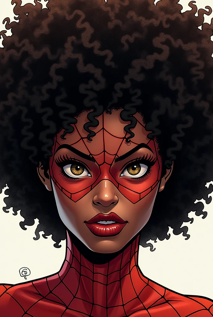 Spider-woman from the movie Spider-Man with afro features, drawing only her face