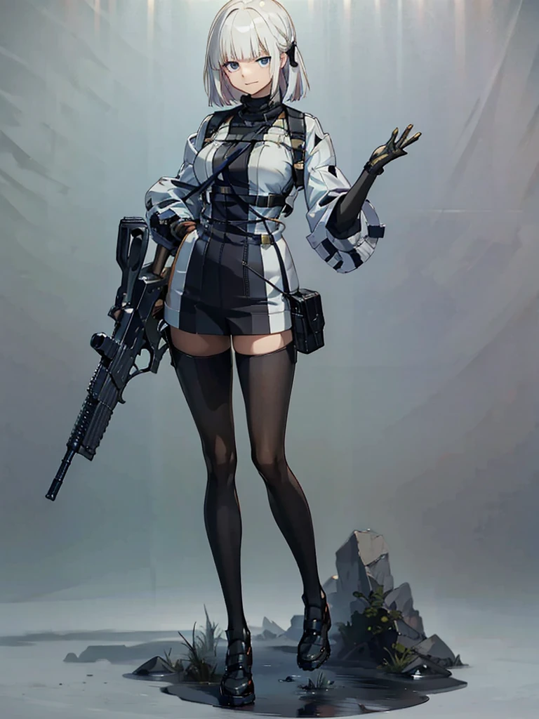 holding_gun, assault_rifle, Very detailed, Anime Style, whole body, alone, Stylish Gunfighter Girl, Holding a steampunk long barrel pistol,Standing in the wasteland, 8K high resolution, White Background, In the spotlight, The background is a dark and desolate landscape, Horror movie atmosphere. Her figure is very beautiful, Emphasizing the dark and crazy elements. Skillfully expressing the effects of light and shadow,