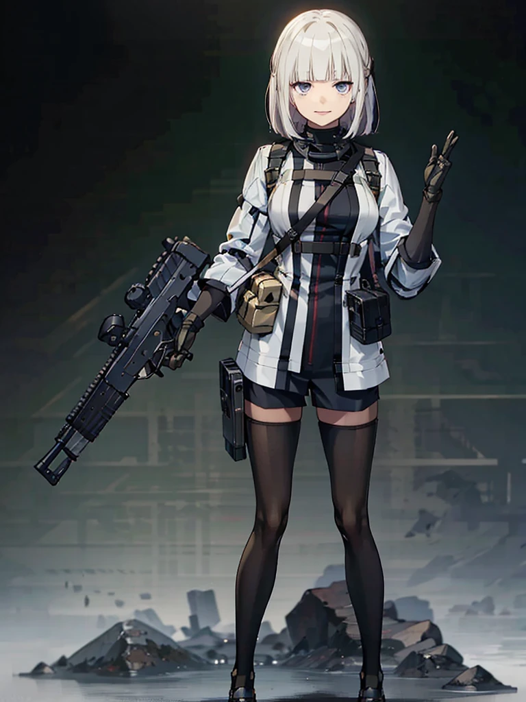 holding_gun, assault_rifle, Very detailed, Anime Style, whole body, alone, Stylish Gunfighter Girl, Holding a steampunk long barrel pistol,Standing in the wasteland, 8K high resolution, White Background, In the spotlight, The background is a dark and desolate landscape, Horror movie atmosphere. Her figure is very beautiful, Emphasizing the dark and crazy elements. Skillfully expressing the effects of light and shadow,