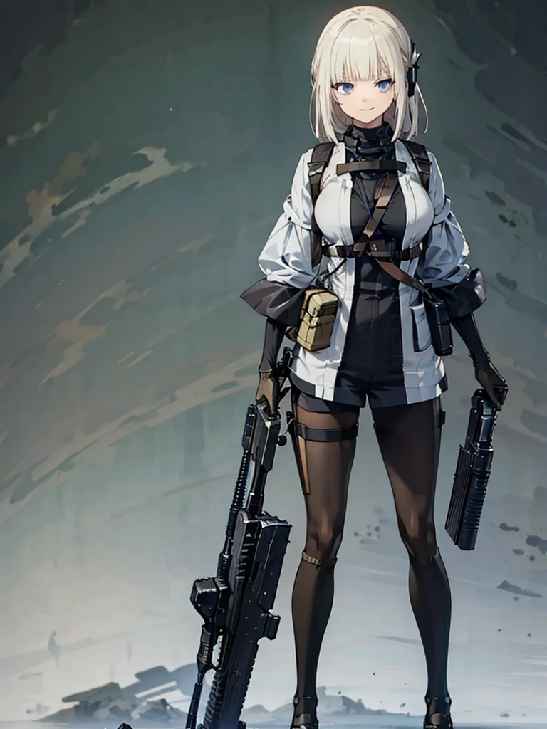 holding_gun, assault_rifle, Very detailed, Anime Style, whole body, alone, Stylish Gunfighter Girl, Holding a steampunk long barrel pistol,Standing in the wasteland, 8K high resolution, White Background, In the spotlight, The background is a dark and desolate landscape, Horror movie atmosphere. Her figure is very beautiful, Emphasizing the dark and crazy elements. Skillfully expressing the effects of light and shadow,