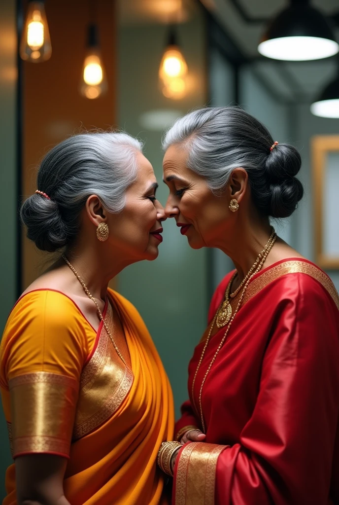 in luxerius office items sorrounded bright lighted modern indian office,three 65 years old indian ladies in sarees,while kissing scalp keeping tongue out in sarees,red lipsstick,twin bun cornrowed braided hair,flooded with 100 liters hair oil into hair,hairs like oil pulp,slick combed hair lines highly visible,one lady kissing head scalp on top of the other lady.kissing,{{{{{{NSFW}}}}}