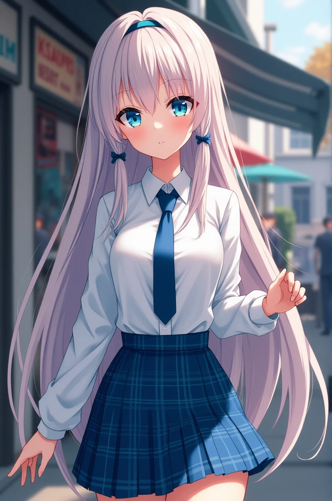 Katsuragi,long light hair,blue-green eyes,
standing. upper body,leaning forward,
Blue plaid skirt,blue tie between breasts,not good,White shirt,hair bands,hair band,clasped,
city,shop,
(insanely detailed, beautiful detailed face, masterpiece, Best quality),