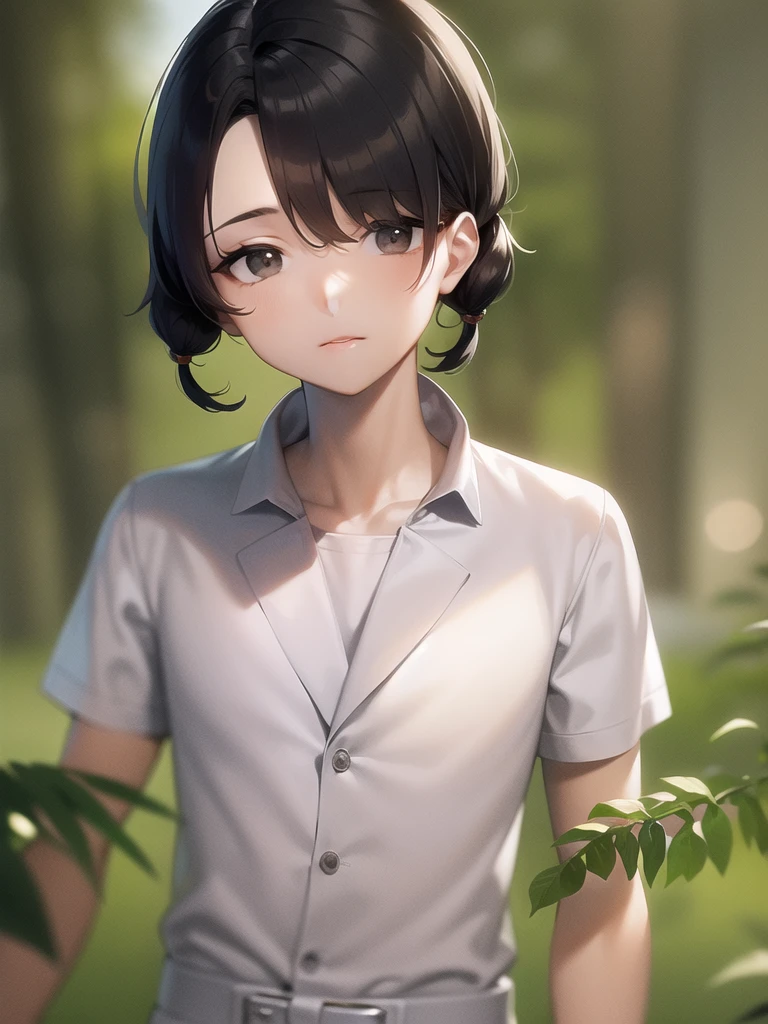 arms at sides, portrait, closeup, looking at camera, best quality, upper body, shirt, A Really Tall Boy,black hair,black eyes, scientist boy in forest,kon d850 film stock photograph 4 kodak 400 camera f1.6 lens
