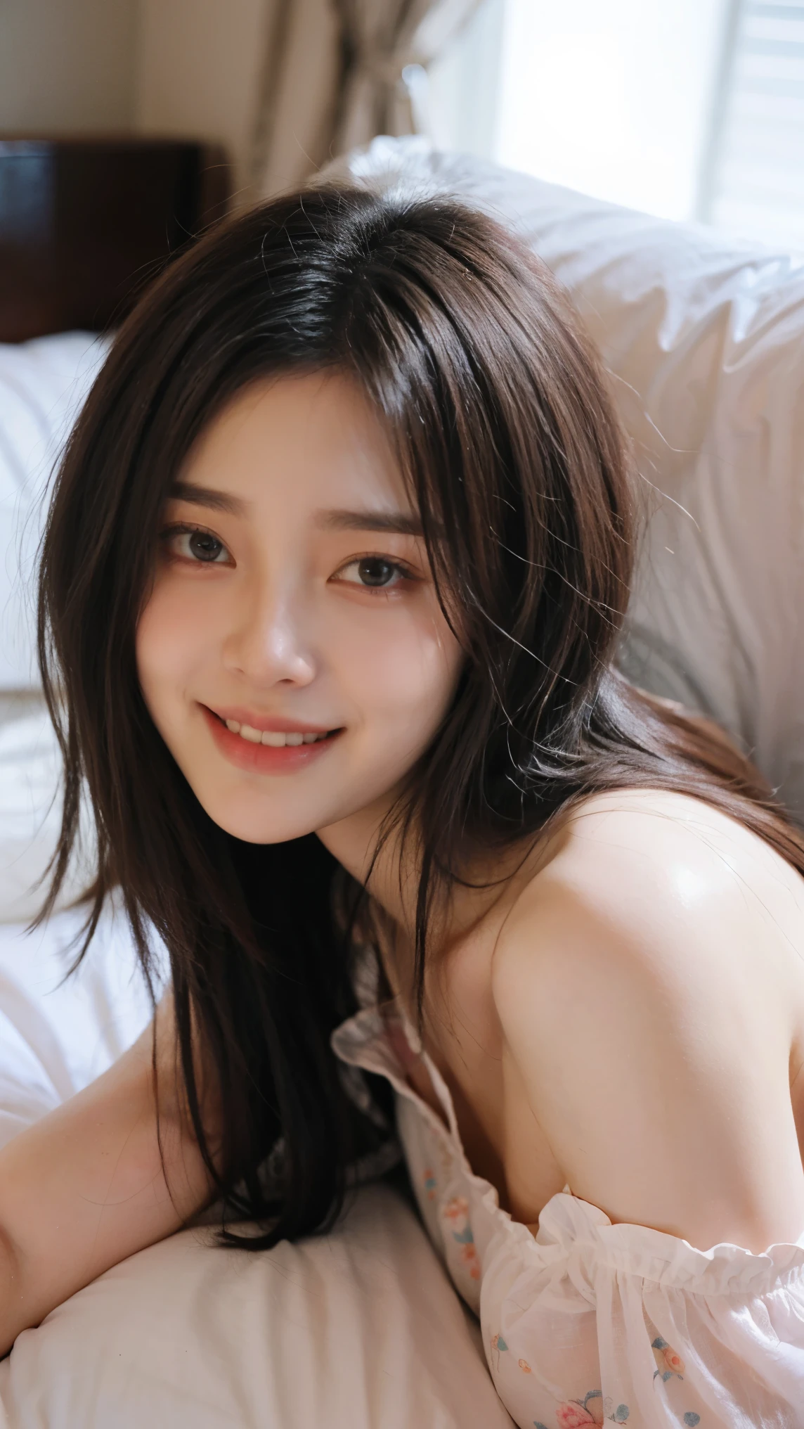 masterpiece, best quality, ultra-realistic, cute young woman, Korean idol, heart-shaped face, large almond eyes, silky black hair, small rosy lips, (laughing expression:1.2),(laughing), medium big breast, lying on the bed, pastel-colored outfit, light floral pattern blouse, soft ambient lighting, blurred background, detailed facial features, soft shadows, portrait photography